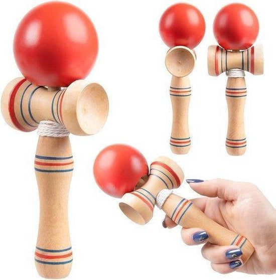 Kendama skill game with red ball 