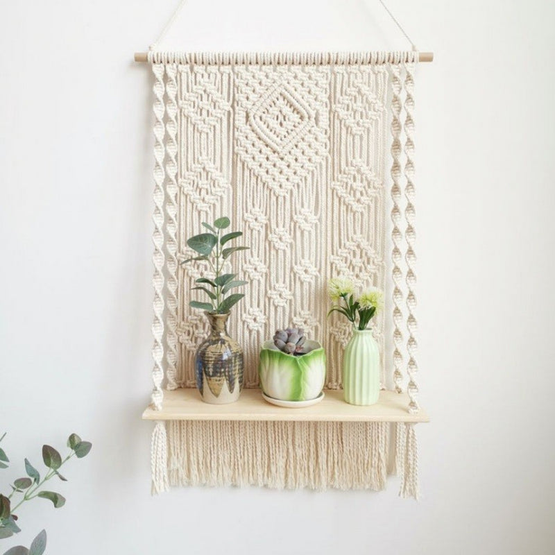 Macramé wall decoration with a shelf